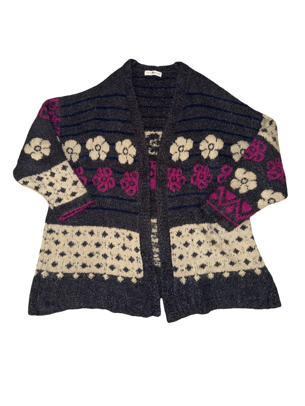 NATURAL LIFE Charcoal Floral Patterned Cardigan with Cream and Magenta Accents - Picture 2 of 9